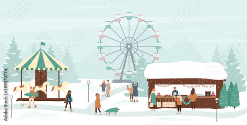 Christmas fest in winter amusement entertainment park vector illustration. Cartoon xmas snow landscape with Christmas fair festival market, people enjoy festive xmas holiday celebration background