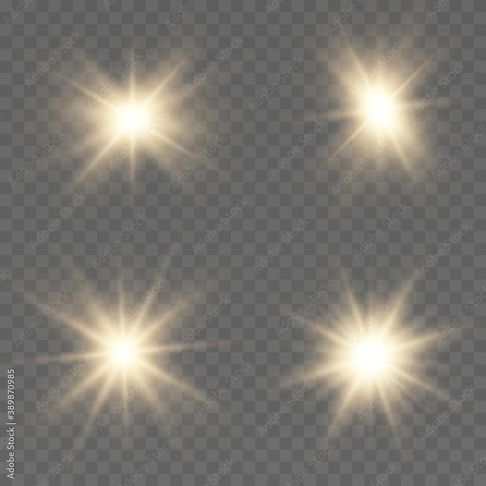 Set of gold bright beautiful stars. Light effect Bright Star. Beautiful light on the translucent. Light for banners.