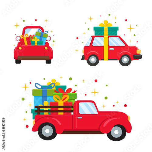 A red car on christmas day carrying a big gift box.