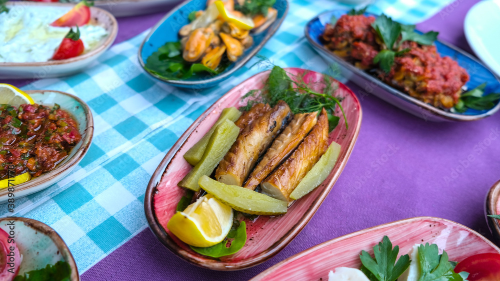 Turkish meze servise table. There re many turkish meze.
Turkish meze servise table. There re many turkish meze.