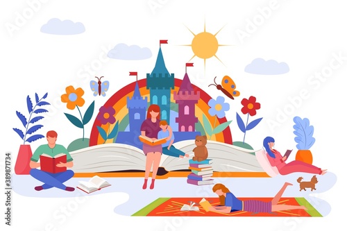 Family fantasy by story book, vector illustration. Literature for children, girl, kid happy child character. People read book, childhood reading and cartoon young imagination about fairy tale.