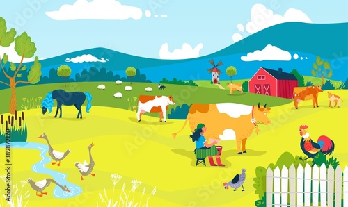 Farm cartoon landscape, vector illustration. Agriculture farming barn, rural animal cow chicken outdoor. People character outside nature background, country farmer with animals scene.