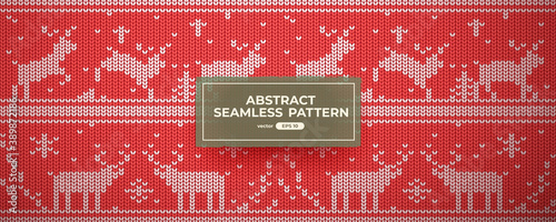 Seamless knit pattern. Red color. Vector illustration. Realistic knitted woolen cloth texture. Christmas sweater. New Year background. Winter Holiday. Flat style.