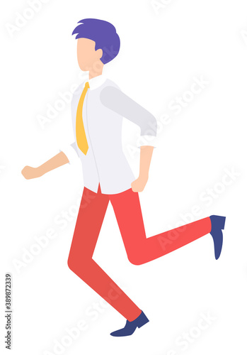 businessman running forward abstract vector illustration character in flat design business man. Person runs away from someone else  rushing to meet  catches up to hold  customer retention concept