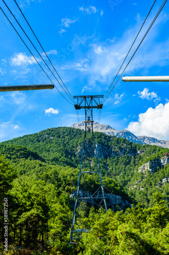 Tower of cable car on Tahtali mountain not far from the Kemer town. Antalya province, Turkey