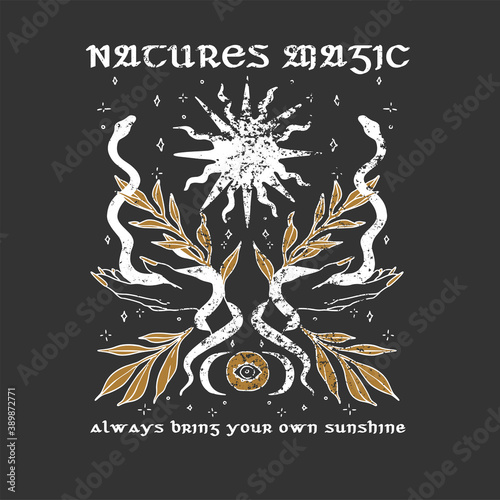 Mystical ethno print with astrological objects and motivating slogan