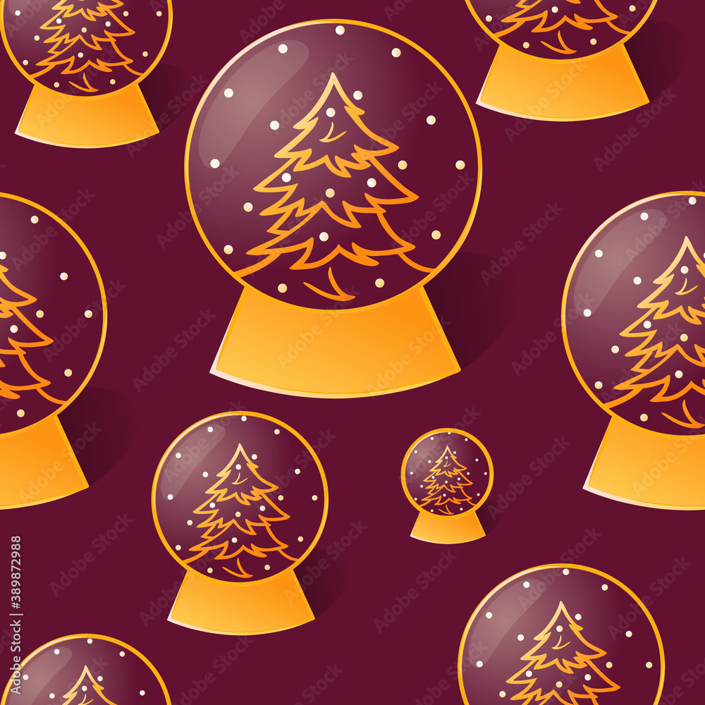 seamless pattern with christmas glass snow ball, outline style