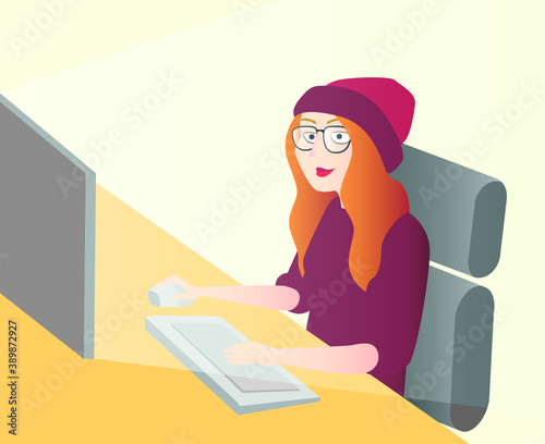 Flat vector illustration of a young woman wearing a sweater and a woolen hat using a computer
