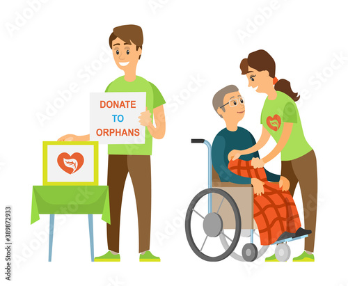 Volunteer holding poster donate to orphans, assistant straightening blanket on disabled, man sitting on wheelchair, people volunteering, activists vector