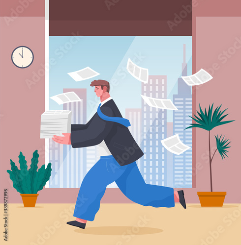 Running young man businessman against a large window, cartoon concerned character with a stack of paper in hand vector. Man in a jacket and tie hurries late, paper falls from his hands to the floor