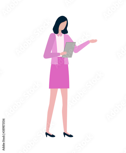 Pretty woman in pink dress with folder in hands isolated cartoon person. Vector brunette business lady on flat style design, professional boss worker