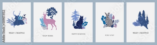 Winter Holidays greeting cards collection with forest nordic animals in Scandinavian style. Editable vector illustration.