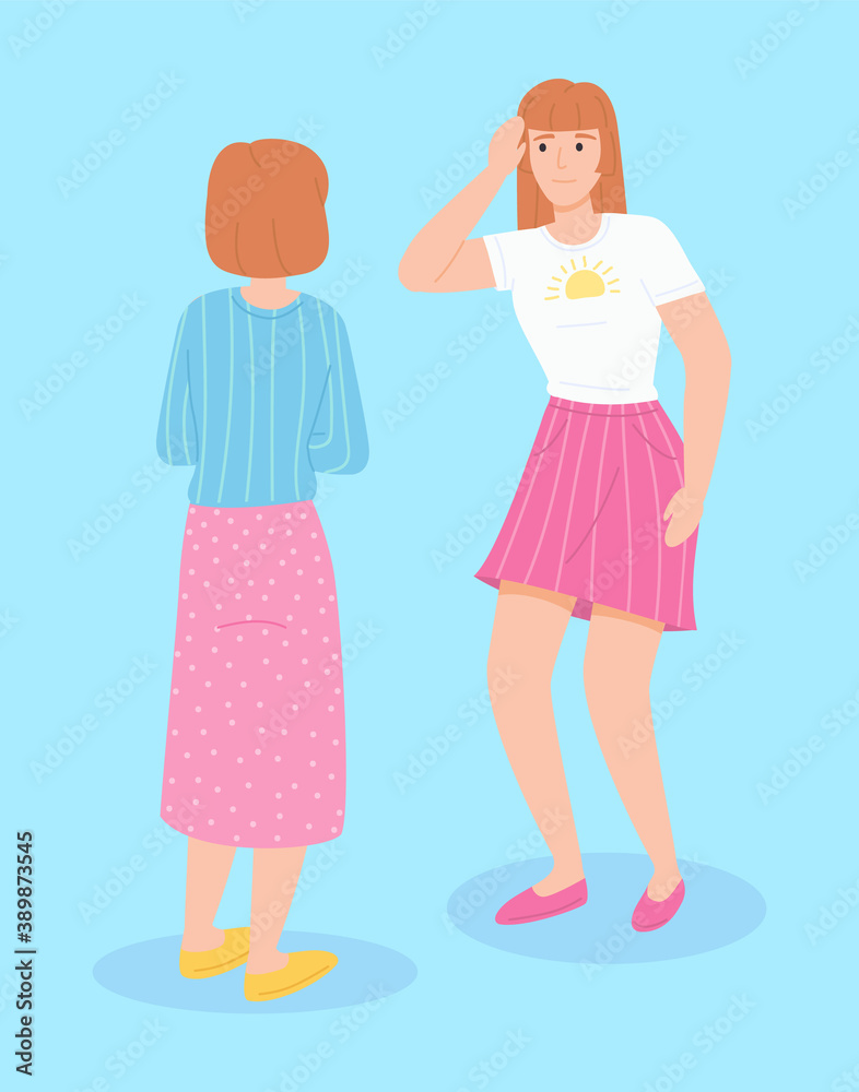 Meeting of two women. Female character complains of a headache, shows a hand on a sore head flat vector. Medical consultation between doctor and her patient or daughter complains about pain to her mom Meeting of two women. Female character complains of a headache, shows a hand on a sore head flat vector. Medical consultation between doctor and her patient or daughter complains about pain to her mom