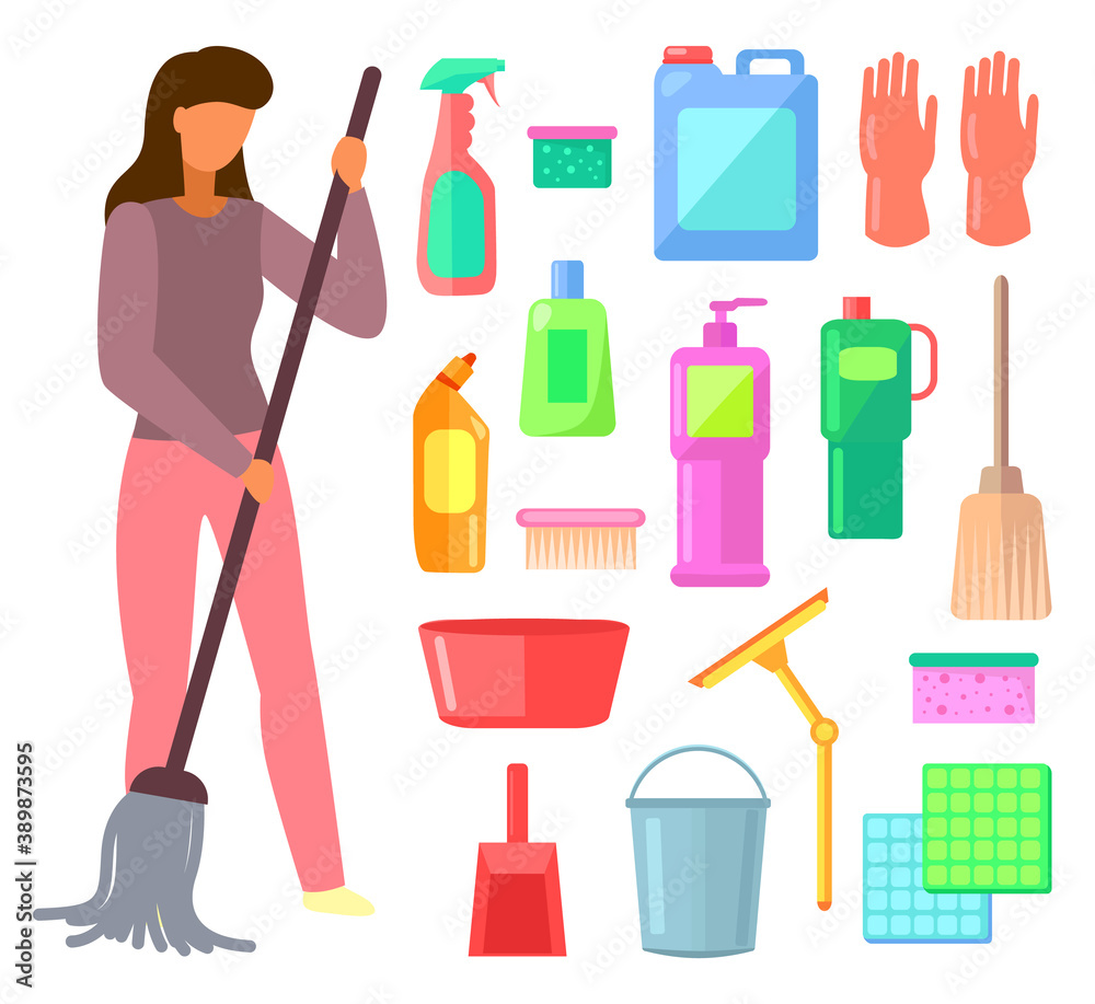 Group of bottles of household chemicals, supplies and cleaning, tools and containers for cleaning. Set of plastic flasks from chemical detergents, mops, buckets, basins, brushes and woman housewife Group of bottles of household chemicals, supplies and cleaning, tools and containers for cleaning. Set of plastic flasks from chemical detergents, mops, buckets, basins, brushes and woman housewife