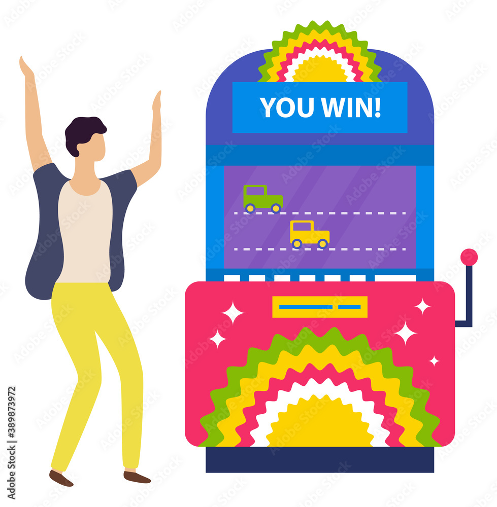 Winning machine bringing money to man vector, isolated person winning in casino. Car race on screen simulating real ride. Happy character flat style Winning machine bringing money to man vector, isolated person winning in casino. Car race on screen simulating real ride. Happy character flat style