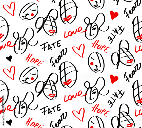 Abstract Hand Drawing Faces Hearts and Slogans Repeating Vector Pattern Isolated Background
