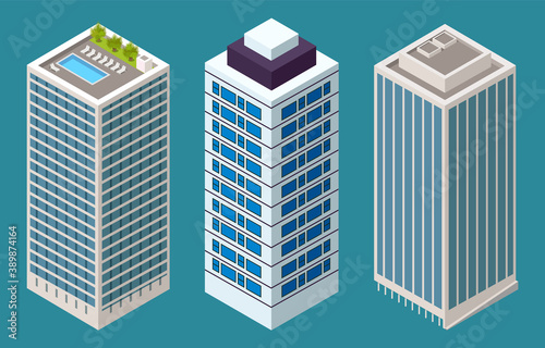 Skyscraper different building set with green plants on the roof in flat style concept top view isolated. Modern urban structure with house facade. Industrial constructions with apartments