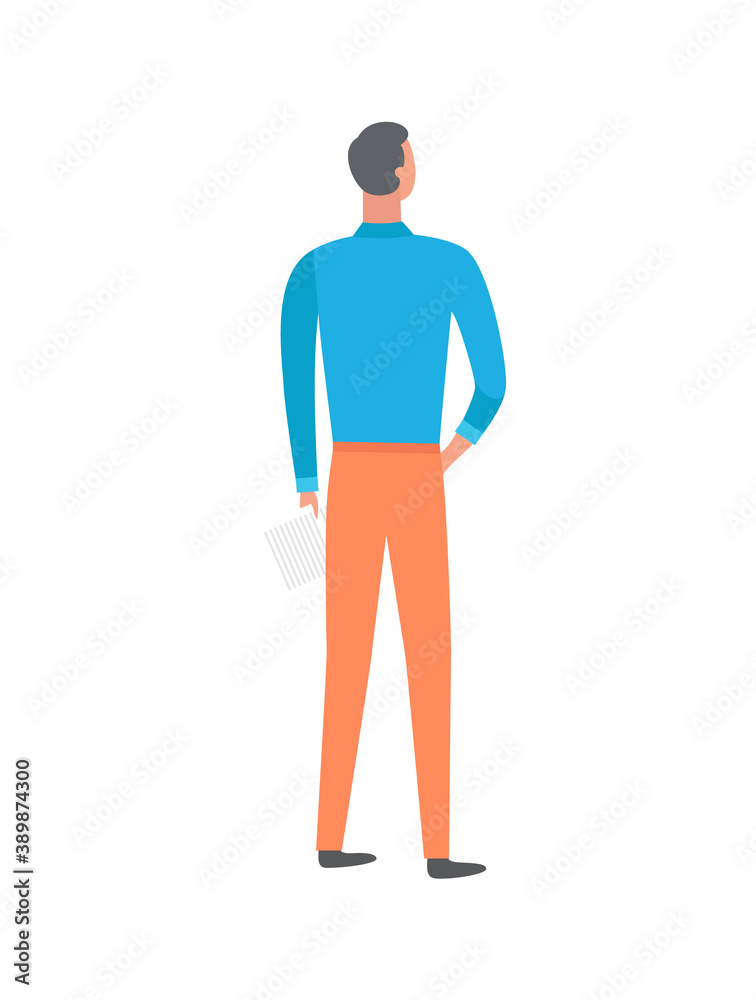 Man back view, full length of standing human wearing shirt and trousers. Fit single male holding hand on belt, posing person in casual clothes vector