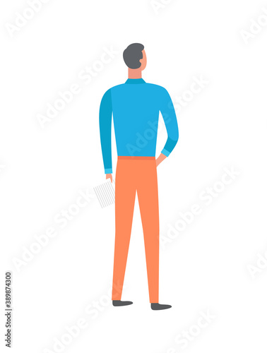 Man back view, full length of standing human wearing shirt and trousers. Fit single male holding hand on belt, posing person in casual clothes vector © robu_s