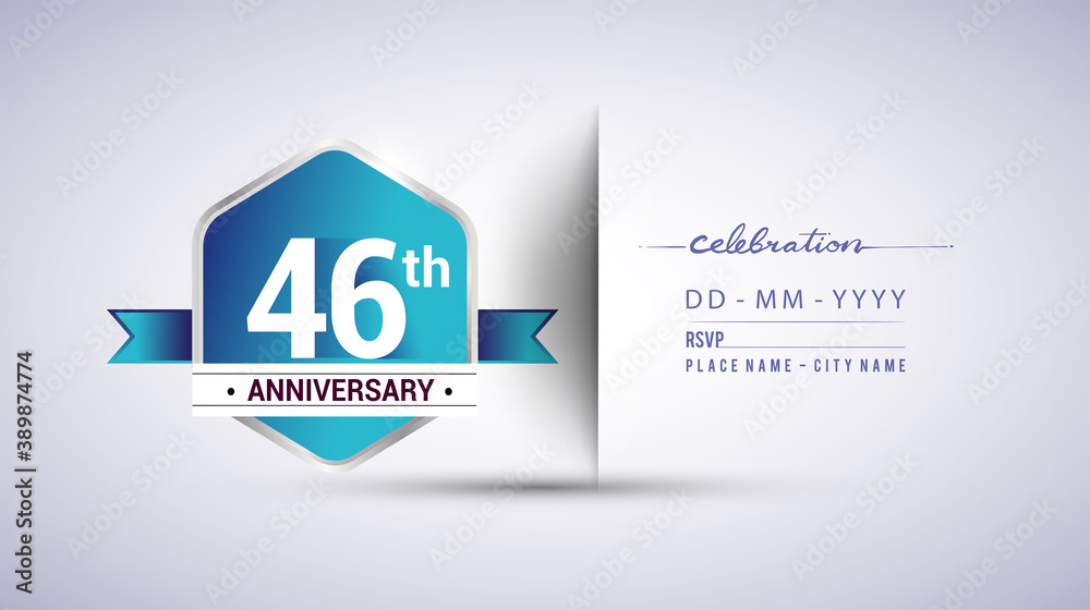 46th anniversary invitation card for birthday celebration isolated in blue hexagon shape, vector design. 46th anniversary invitation card for birthday celebration isolated in blue hexagon shape, vector design.