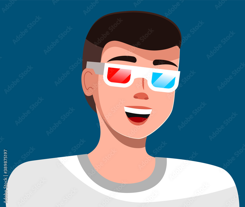 Man in magic glasses avatar isolated on blue. Vector cartoon illustration male game blogger portrait in technological glasses with colored lenses to watch 3d video. Young happy smiling character