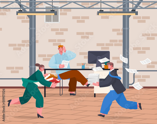Chaos in office. Unorganized office workers in panic. People stressing, solving difficulties, problems. Workers and failure deadline. Mess and business problems. Many work and few time. Employee hurry