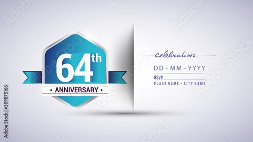 64th anniversary invitation card for birthday celebration isolated in blue hexagon shape, vector design.