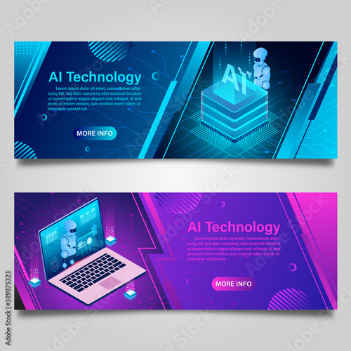 Banner artificial intelligence robot technology for business isometric design