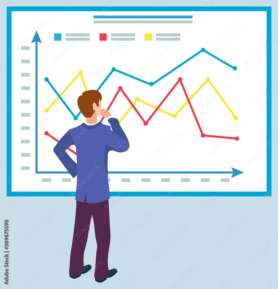 Business education, board with graphs and charts, male investigating sales. Vector cartoon guy and changing statistical data, back view of manager worker Business education, board with graphs and charts, male investigating sales. Vector cartoon guy and changing statistical data, back view of manager worker