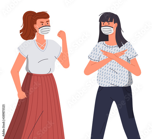 Woman in protective medical face masks. Characters protesting against the spread of viral diseases. Girls wearing protection from virus, urban air pollution, smog, vapor, pollutant gas emission
