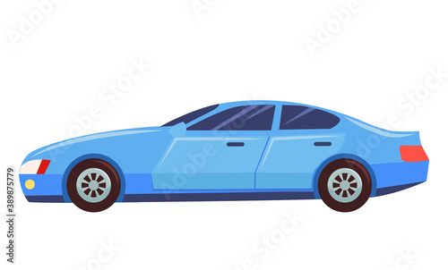 Blue car isolated on white background. Sedan with dark toned glasses. Auto to drive and get your destination quickly. Wheeled motor vehicle used for transportation. Vector illustration in flat style