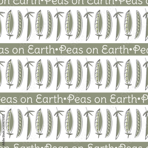 Vector Green Peas with Text on Stripes Seamless Repeat Pattern. Background for textiles, cards, manufacturing, wallpapers, print, gift wrap and scrapbooking.