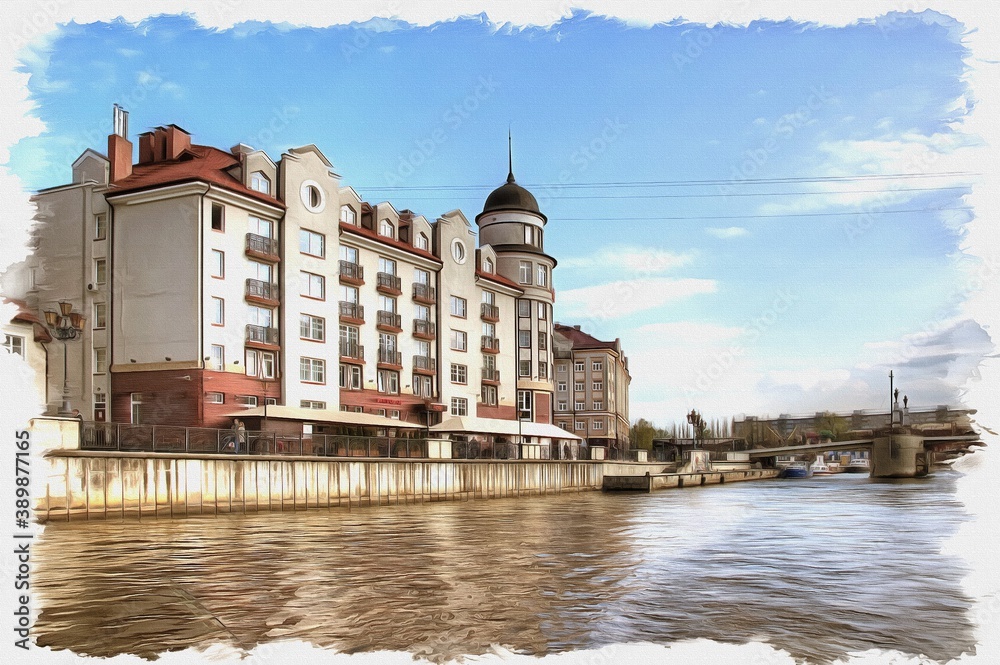 Fototapeta premium The city of Kaliningrad. Lighthouse in Fish Village. Imitation of oil painting. Illustration