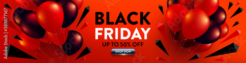 Black Friday Sale Poster with red and black balloons for Retail,Shopping or Black Friday Promotion in red and black style.Red Poster or banner template for social media and website.