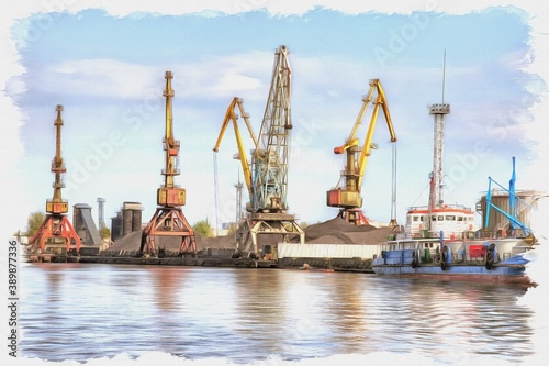 Kaliningrad. Cargo port. Imitation of oil painting. Illustration