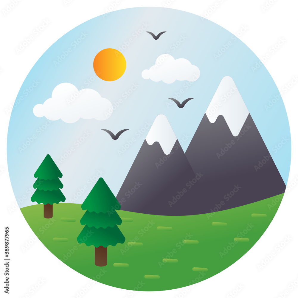 Mountain landscape with snowy peaks, with grass and tree, under blue sky with clouds Concept Vector Icon Design, 