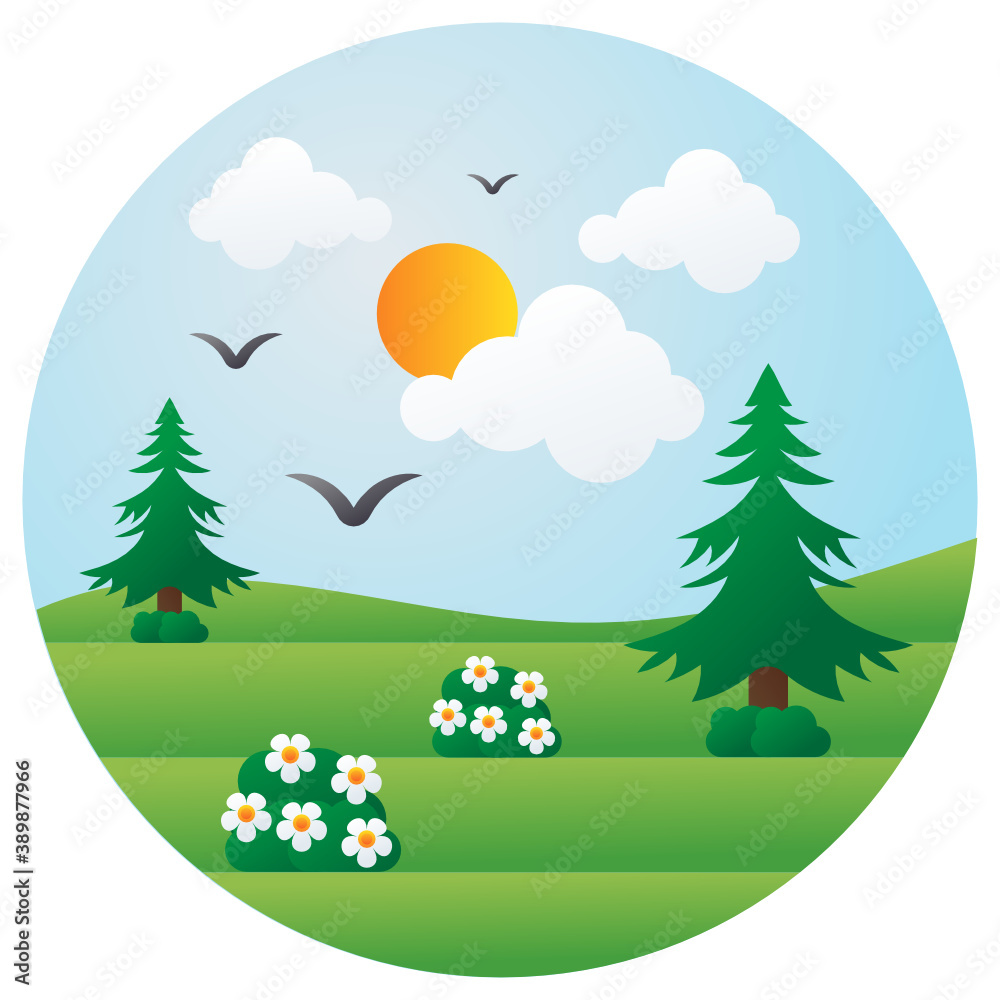 Summer landscape with green hills and blue sky, white clouds and sun concept vector icon design, Paper field landscape Symbol 