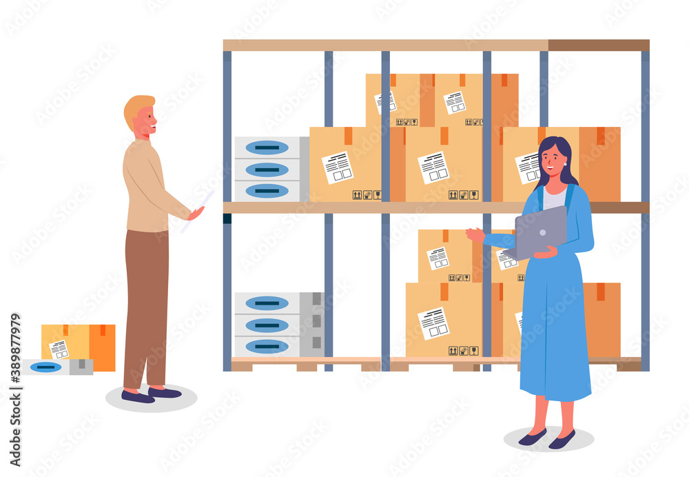 Warehouse with boxes flat style design. Storage office utility room with, delivery service. Woman manager with laptop checks warehouse boxes standing on stands according to the list with the employee Warehouse with boxes flat style design. Storage office utility room with, delivery service. Woman manager with laptop checks warehouse boxes standing on stands according to the list with the employee