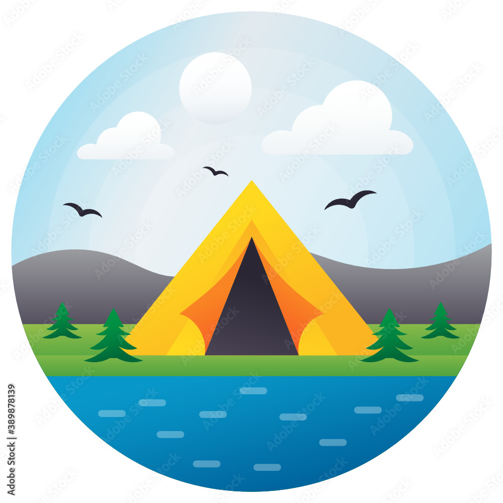 Campsite near Lake, Behind Mountains Concept, Hill with blue sky Vector Icon Design, 