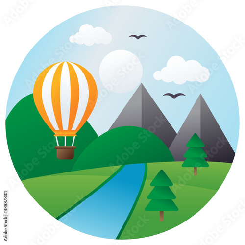 Mountain valley and river, sun in blue sky and green forest concept, Hot air balloon with flying Birds vector Icon design landscape in round.