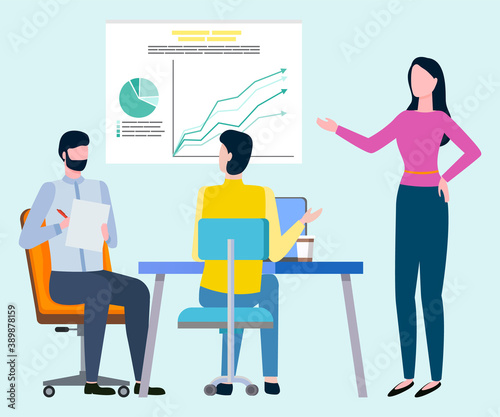 Woman financial analytic pointing on board with scheme, colleagues. Vector people cooperating in team working with laptops, brokers collaboration
