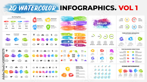 20 Watercolor Infographic templates. Brush strokes banners. Perfect for any industry from social media or startups to business and creative thinking. Vol 1. 