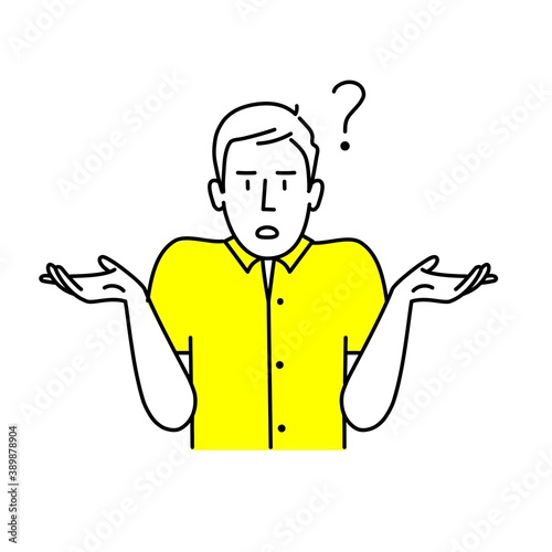 Oops. Sorry. I don't know. Man shrugs, shows helpless gesture. Vector illustration.