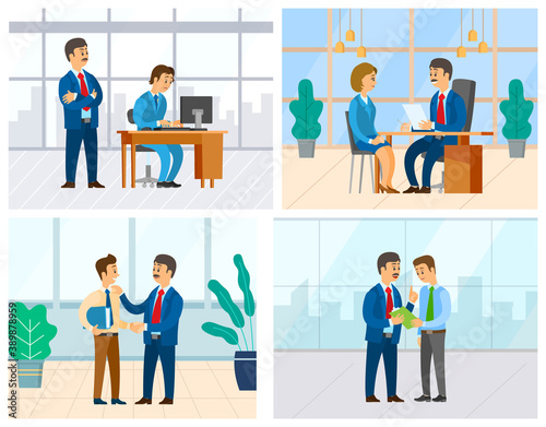 Boss and employee vector, woman in office answering question of employer. Supervising novice at work, director unsatisfied with completion of task