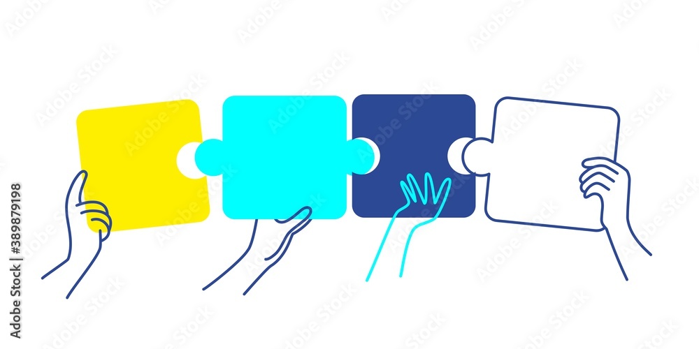Fototapeta premium Human hands putting puzzle pieces together. Vector illustration.