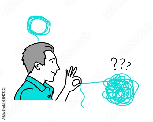 Man hand unravels the tangle of thoughts. Vector illustration.