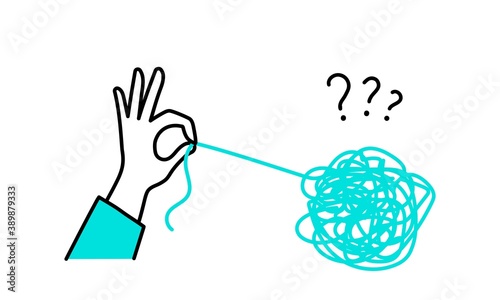 Human hand unravels the tangle of thoughts. Vector illustration.