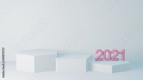 Product display stand and shadow with 2021 number and copy space. Mock up podium in abstract white and blue pastel composition, 3d rendering, 3d illustration