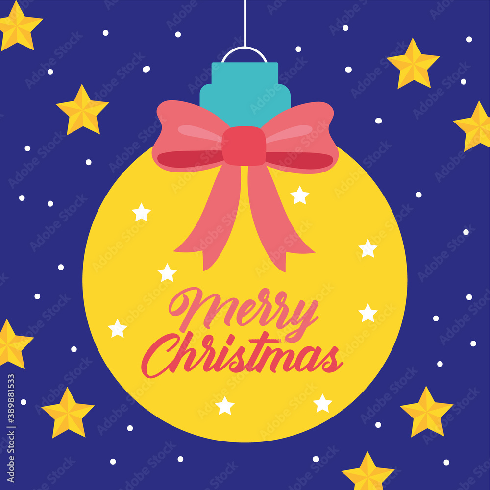 Fototapeta premium happy merry christmas celebration card with ball hanging and stars