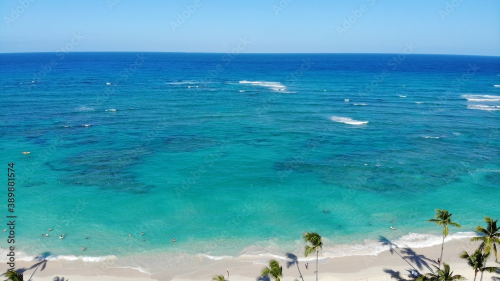 Aerial view of beach and ocean. View of the beach with blue water, paradise, palm trees. Dominican Republic